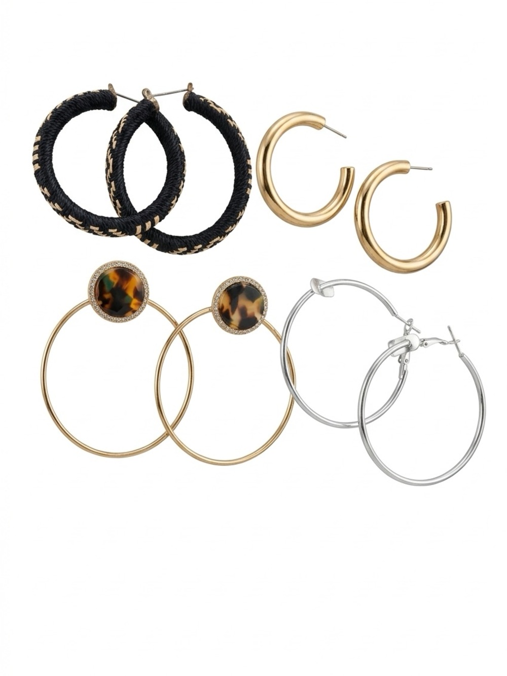 Assorted Women’s Hoop Earring Set - Gold, Silver, Black, Tortoiseshell
